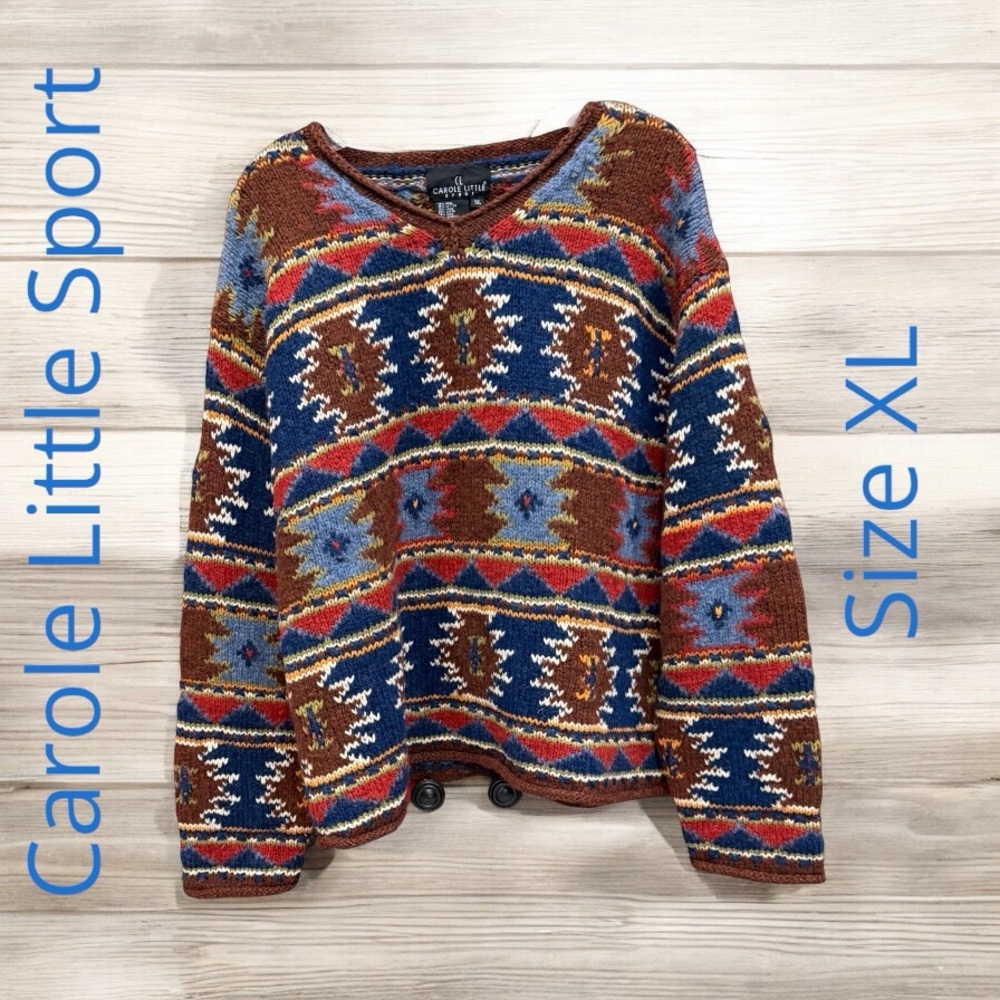 Vintage Aztec Boho Southwestern CAROLE LITTLE Sport Heavy Wool Sweater XL EUC